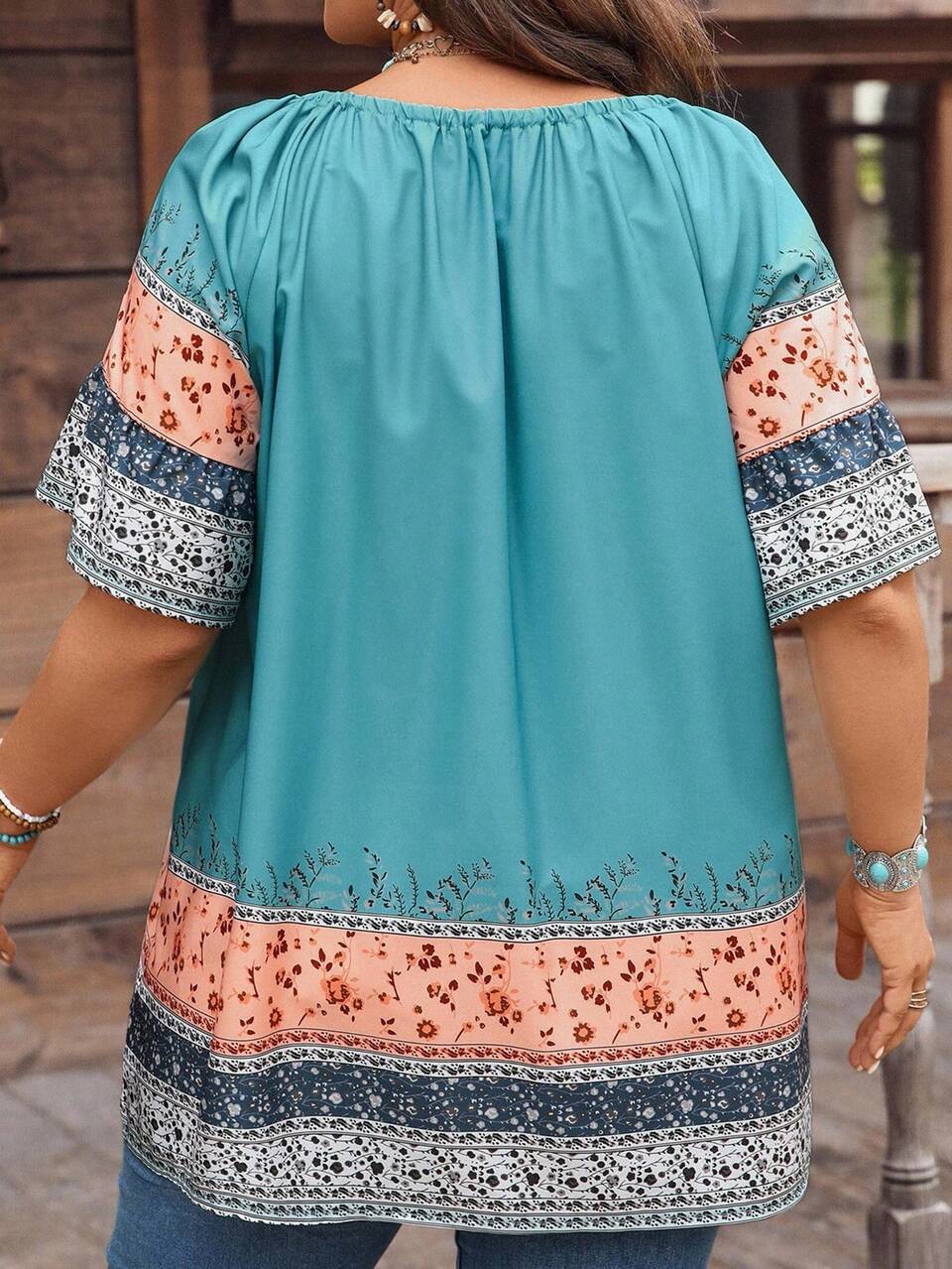 Plus Size Teal Summer Boho Country Graphic Concert Holiday Women Top,Color Block Ditsy Floral Shirt Blouses Rave Festival Western Wear Fall Casual