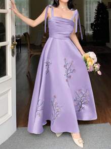 Modelyn Đầm Maxi Tank Top Thanh Lịch Thêu Hoa Cho Nữ - Màu tím - Xem 3