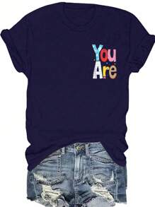 EMERY ROSE 大码女式夏季口号印花圆领短袖休闲百搭T恤