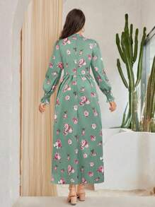 Modelyn Ramadan Floral Printed Shirt Dress With Front Tie For Women - Green - View 4