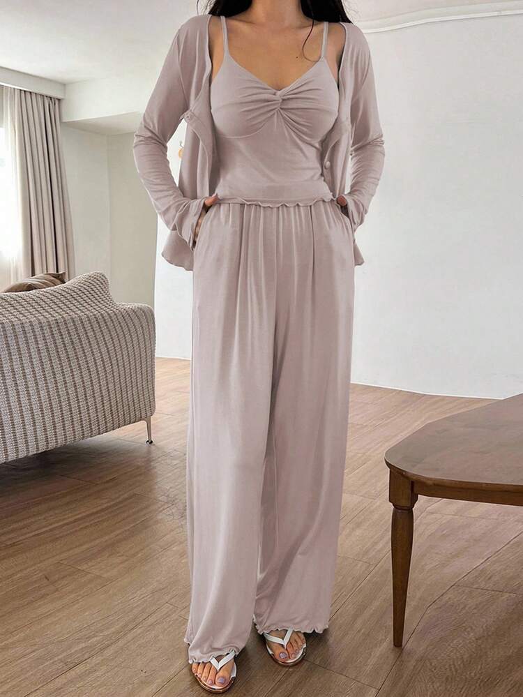 3pcs Solid Color Knitted Twist Design Cami Top & Robe And Pants Lounge Set For Women, Fall Winter Clothes