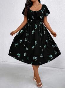 Flirla Plus Size Women Floral Print Drawstring Elastic Waist Dress - Black - View 3
