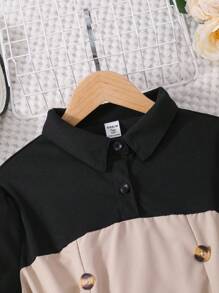 少女拼色泡泡袖迷你连衣裙 - 卡其色 - 查看 8