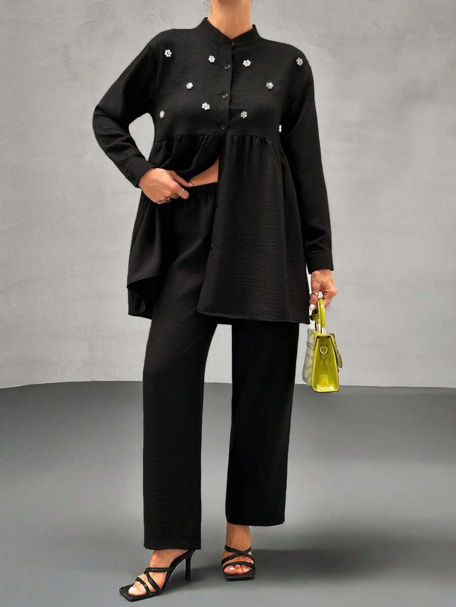 EURMUSE Set de bluză și pantaloni cu detalii de perle pentru femei, asortat, ținută din 2 piese, fustă și pantaloni - Negru - Vizualizare 1