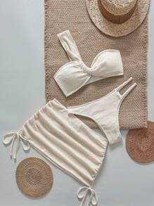 Swim Chiccia Set de 3 piezas de ropa elegante de vacaciones de verano para mujer con tirantes de costilla premium - Beis - Ver 1