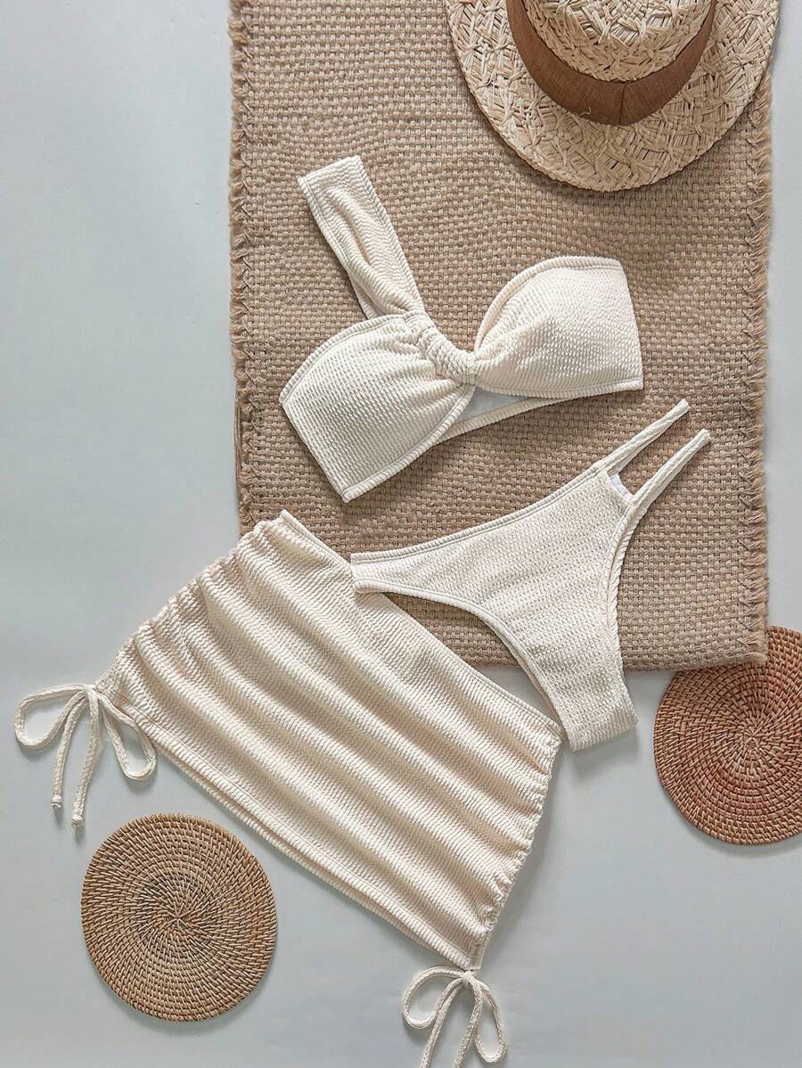 Swim Chiccia Set de 3 piezas de ropa elegante de vacaciones de verano para mujer con tirantes de costilla premium - Beis - Ver 1