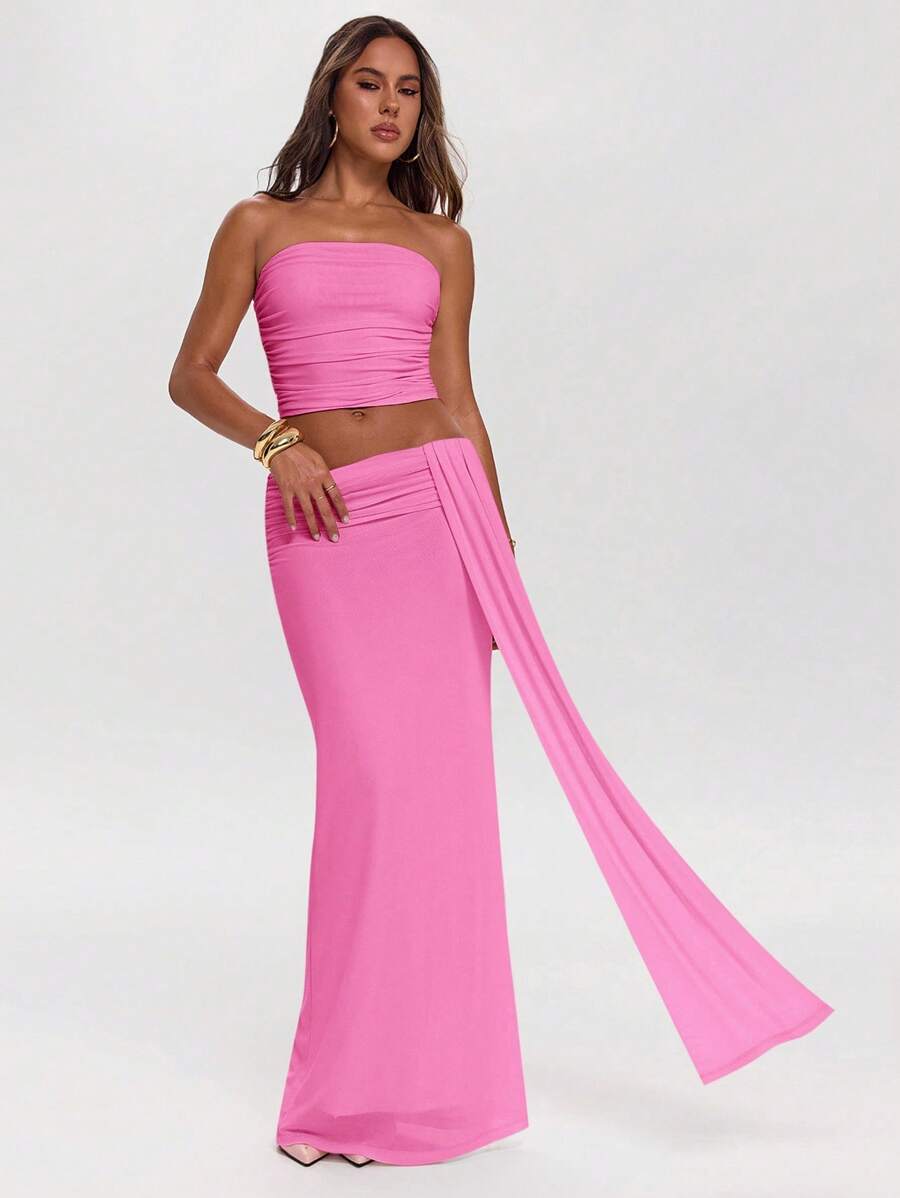 SHEIN BAE Bộ đồ hè 2 món: Áo corset xếp ly màu trơn thanh lịch và chân váy. - Màu Hồng Dưa hấu - Xem 1