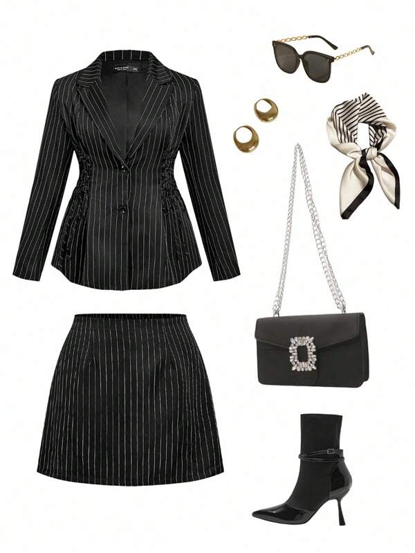 SHEIN MOD Vintage Striped Belted Decor Plus Size Suit Set, Black Ground With White Stripe Belted Blazer Jacket Paired With A-Line Skirt, Black