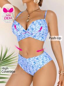 Swim DD+ 2pcs/Set Women Summer Random Floral Print Strap Push-Up Gather Underwire Top And High Waist Bikini Bottom