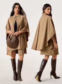 SHEIN Tall Abrigo tipo capa largo de mujer para otoño, de color liso, con mangas de murciélago, abotonado sencillo, casual y holgado, para mujeres altas - Caqui - Ver 2