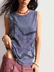 Bohemela 复古美式针织拼接五角星刺绣图案无袖宽松水洗上衣（女款）