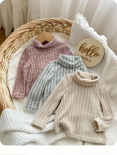 3 st/set Babyflickor Stickad Enfärgad Polotröja Långärmad Topp Undertröja, Casual
