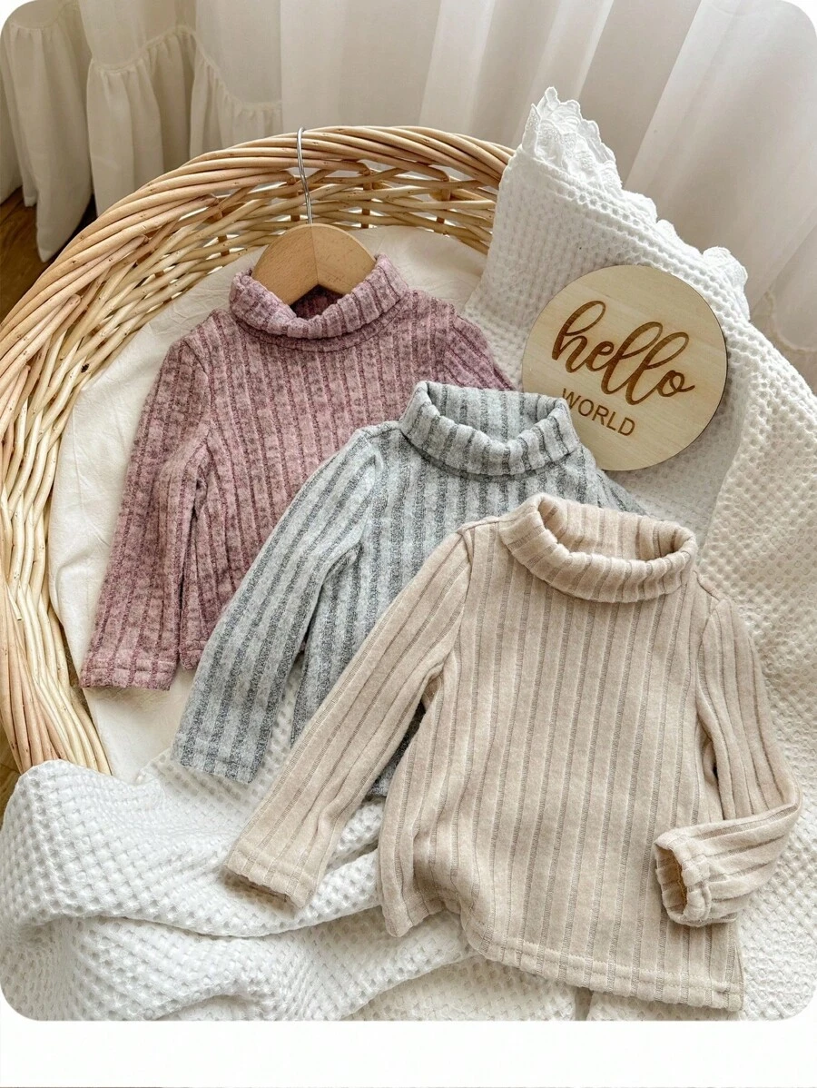 3pcs/Set Baby Girls Knitted Solid Color Turtleneck Long Sleeve Autumn Winter Top Undershirt, Casual - Multicolor - View 1