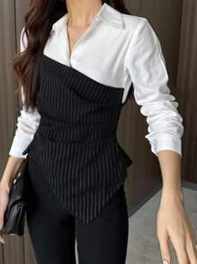 SHEIN Privé Women's Solid Color Patchwork Long Sleeve Casual Shirt, Everyday Wear Fall Cloth For Women