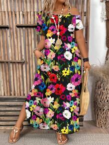 SHEIN LUNE Plus Size Colorful Oil Painting 3D Floral One Shoulder Metallic Buckle Decor Dress