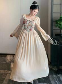 DAZY 女式宫廷风碎花拼布连衣裙，春夏