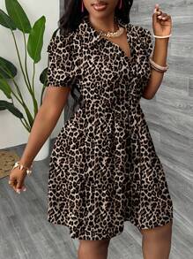 Slaydiva Plus Size Women Casual Leopard Print Collar A-Line Dress, Suitable For Summer Suitable For Going Out Leopard Print Dress Plus Size Animal Print Plus Size Dress Plus Size Vacation Dress Chic Dress - Multicolor - View 5