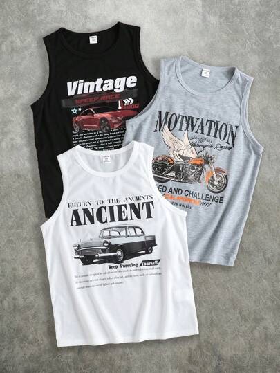 SHEIN Bolty 3pcs Tween Boy Crew Neck Sleeveless Letter Print Casual Vacation Tops, Daily Wear, School, Campus, College