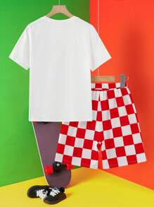 LOONEY TUNES X SHEIN 青少年男孩卡通猫咪图案短袖T恤和棋盘格印花短裤休闲两件套 - 彩色 - 查看 2