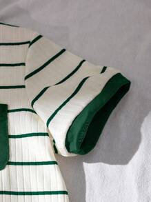 SHEIN 2pcs/Set Young Boy Summer Textured Striped Polo Collar Top And Cargo Pants Outfit - Dark Green - View 8