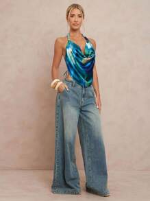 Lumalex 秋季 朴素 复古 风骚 闪光 节日 派对 狂欢 节日 郊游 游泳 度假 波西米亚风 海滩 热门 户外 层次丰富 婚礼 季节 宴会 成人礼 海滩 海滨 女士扎染印花 深 V 领 串珠 露背 背心 围巾上衣 围脖领上衣 露背上衣 扎染上衣 丝绸上衣