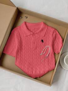 Comfortcana 女式休闲骑士图案短袖 Polo 领针织上衣 - 紅色 - 查看 5