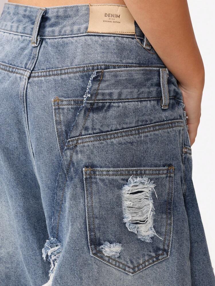 Double Waistband Wide Leg Jeans With Distressed Details