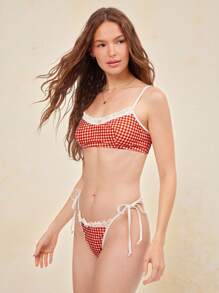 WESTFADE Gingham Check Ruffle Bow Tie Back Bikini Top Summer Beach Vacation - Red - View 4