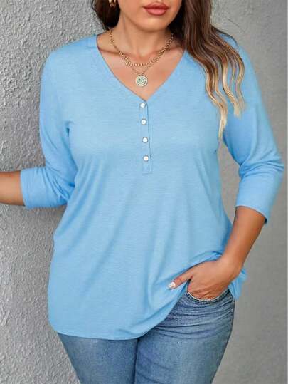 SHEIN Plus Size Women's Solid Color Button Half-Placket V-Neck Long Sleeve Casual T-Shirt