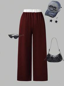 Sparklyn 少女休闲街头时尚短款字母印花运动裤，适合外出、街拍、上学 - 酒紅色 - 查看 4