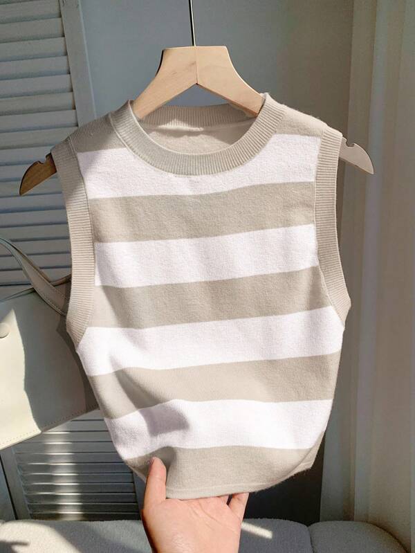 Comfortcana Women's Casual Khaki Striped Cropped Knit Top Going Out Tops Women,Tops For School