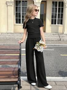 SHEIN Comfortable Polyester Plain Black Co-Ords With Regular Sleeves And Relaxed Fit For Tween Girls Tween Girl Wide Leg Pants Girls Wide Leg Pants Set Girls Black Wide Leg Pants Tween Girl Wide Leg Pants Outfit Tween Girls Summer Outfit Girls Wide Leg Pants Outfit Teen Girl Wide Leg Pants Outfit Tween Girls Wide Leg Pants Set Teen Girls Wide Leg Pants Outfit Girls Black Wide Leg Pants Set - Black - View 5