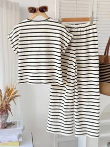 SHEIN Tween Girl Relaxed Casual Comfortable Round Neck Short Sleeve Striped T-Shirt And Pants Set - Black and White - View 2
