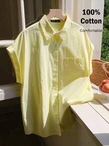Comfortcana 女士夏季休闲宽松短袖衬衫 - 黃色 - 查看 3