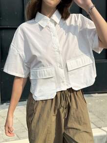 SHEIN Leap Crew Teen Girls' Casual Loose Comfort Short Sleeve Collared Crop Top With Large Pockets