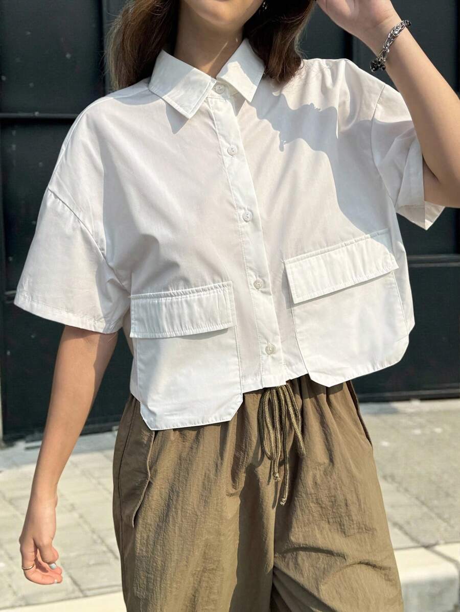 SHEIN Leap Crew Teen Girls' Casual Loose Comfort Short Sleeve Collared Crop Top With Large Pockets