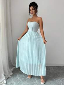 Elenzga Women's Pale Mint Green Ruched Waist Design Midi Dress