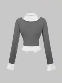 SHEIN MOD 女士灰色喇叭袖立领衬衫 T 恤，二合一 T 恤，喇叭袖，乡村音乐会，可爱，女士西部装，度假，复古，女士外出上衣，校服，秋季，街头服饰，老钱风格女士，女教师，工作衬衫，办公室，女士办公室，女士工作服，返校服，女士机场装 - 深灰色 - 查看 2