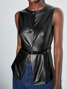 Maija 1 件女式纯色 PU 皮革单排扣无袖时尚西装外套 - 彩色 - 查看 5