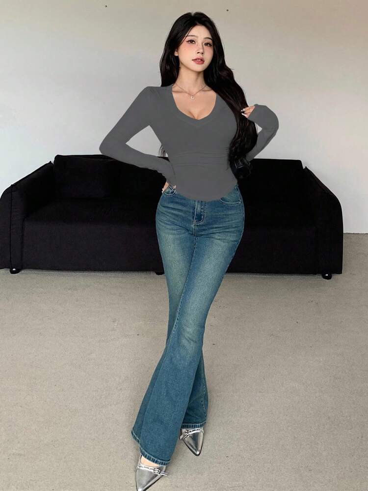 Women's V-Neck Solid Color Basic Long Sleeve T-Shirt, Sexy Slim Fit, Suitable For Autumn/Winter And Spring/Summer,Fall Women Clothes