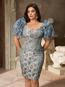 Aureia فستان كوكتيل ضيق بأكمام طويلة ورقبة على شكل قلب، أنيق ورومانسي، مقاس كبير، من قماش الجاكار الأزرق الفاخر، مناسب للحفلات المسائية، والمواعدة، وحفلات الزفاف، والتخرج، والنوادي، والمهرجانات الموسيقية