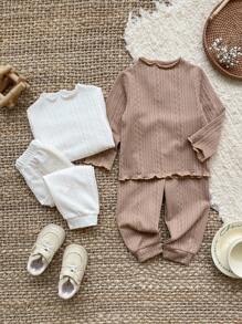 SHEIN 4 Sets Baby Girl Toddler/Newborn 0-3 Years Old Cable Knit Long Sleeve Top & Pants Suit,Brown And White,Autumn,Casual,Family Matching Multi-Piece Sets - Multicolor - View 1
