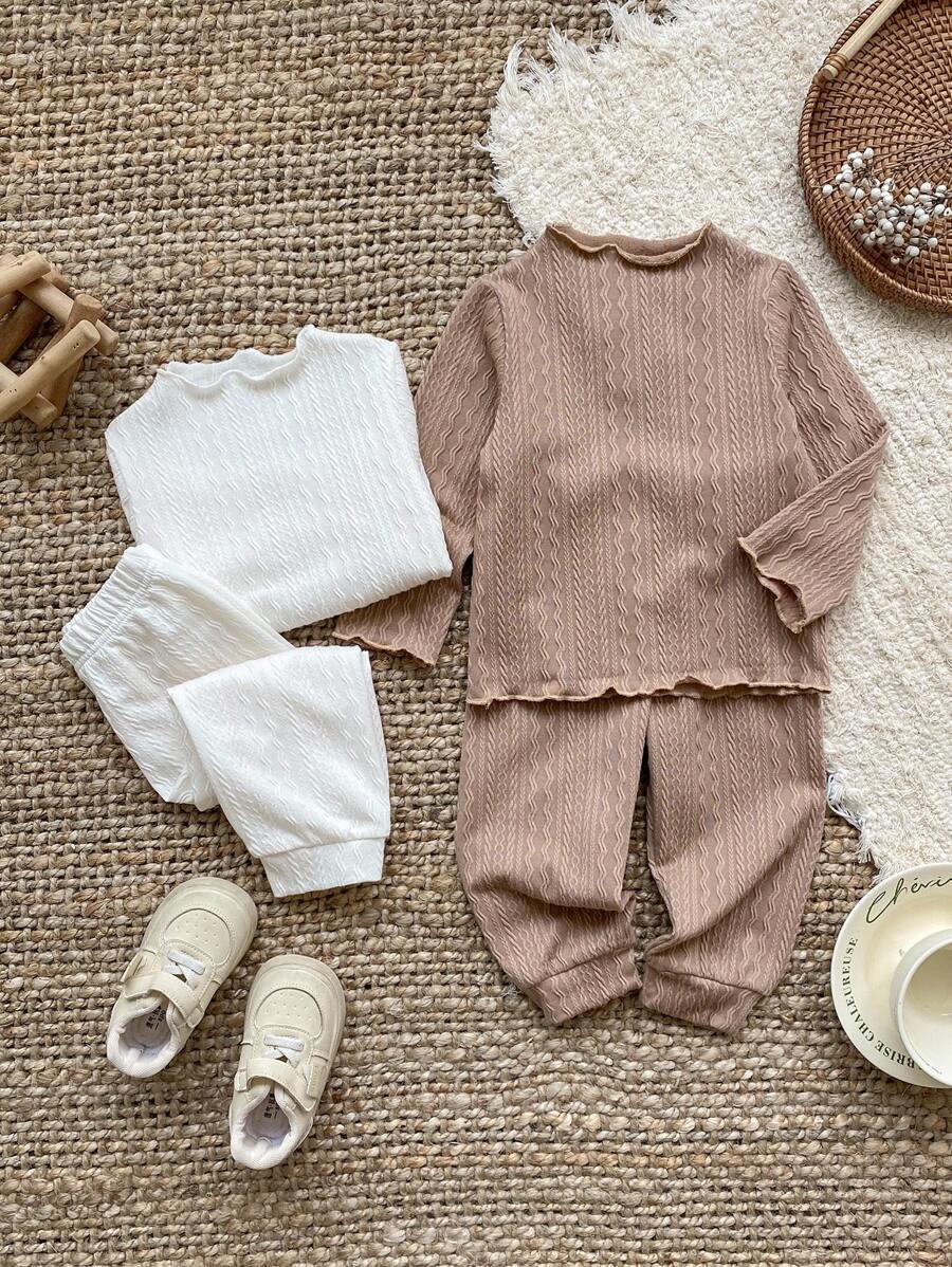 SHEIN 4 Sets Baby Girl Toddler/Newborn 0-3 Years Old Cable Knit Long Sleeve Top & Pants Suit,Brown And White,Autumn,Casual,Family Matching Multi-Piece Sets - Multicolor - View 1