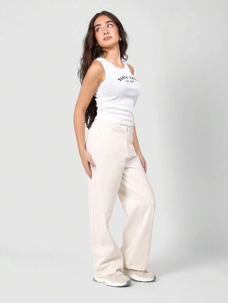 Wide Leg High Rise Denim Pants With Asymmetric Waistband
