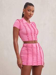 NYA SZN Mini Ruffle Knit Fitted Skirt, Music Workwear Summer - Hot Pink - View 3