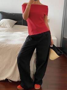 Livesso 女士纯色红色露肩系带优雅度假针织上衣 - 紅色 - 查看 3