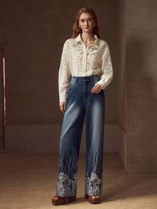 MOTF PREMIUM 秋冬植物印花直筒牛仔裤