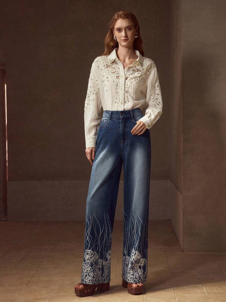 PLANTS PRINT STRAIGHT LEG JEANS FOR AUTUMN & WINTER