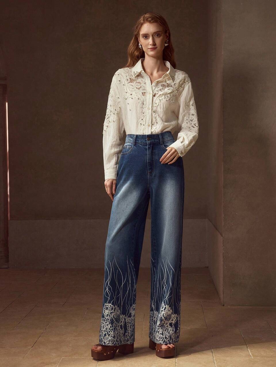 PLANTS PRINT STRAIGHT LEG JEANS FOR AUTUMN & WINTER