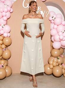 Loomaby 优雅派对纯色3D花卉装饰露肩孕妇装 - 卡其色 - 查看 4